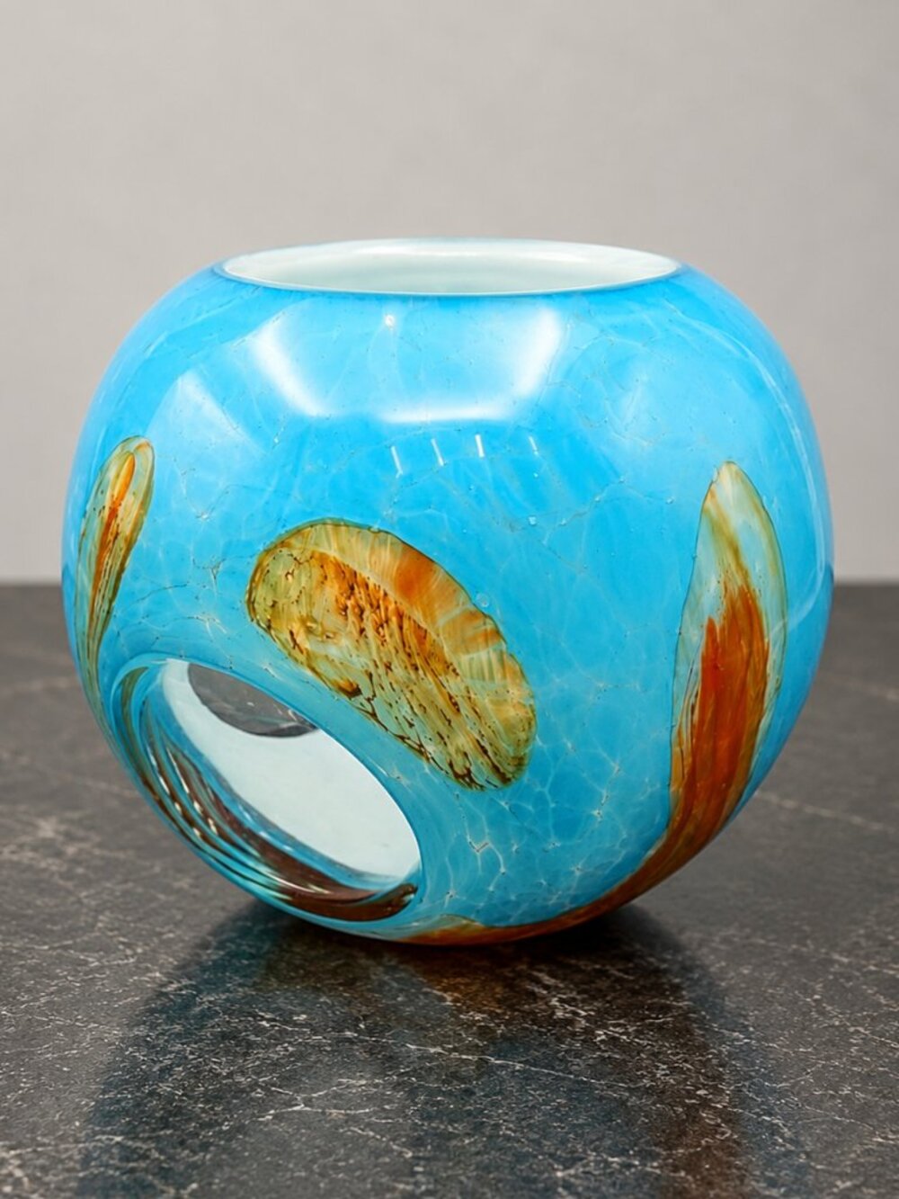 VTG Murano Style Pearly Blue Art Glass Vase – Abstract Orb – Hand Blown Italian